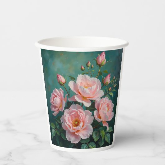 Pink Peonies Artwork on Emerald Green 紙コップ (正面)