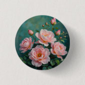 Pink Peonies Artwork on Emerald Green 缶バッジ (正面)