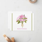 Pink Peonies Bouquet Green Border Thank You ノートカード (正面/裏面インサイチュ)