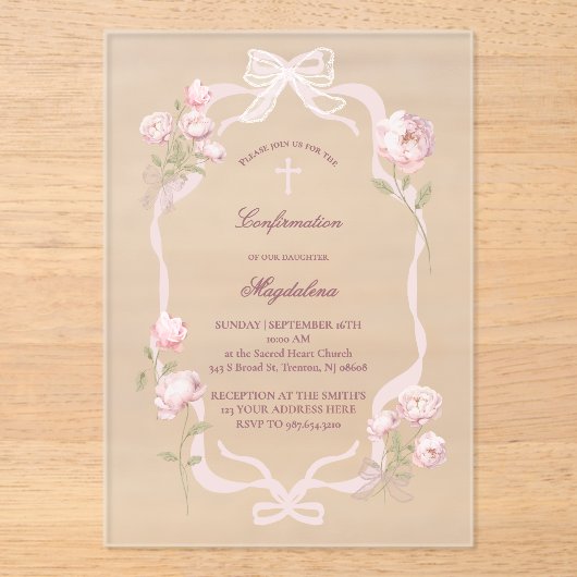 pink peonies Confirmation girl アクリル招待状 (正面)