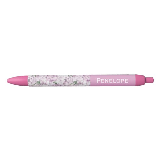 Pink Peonies Custom Name Pen 青ボールペン (正面)