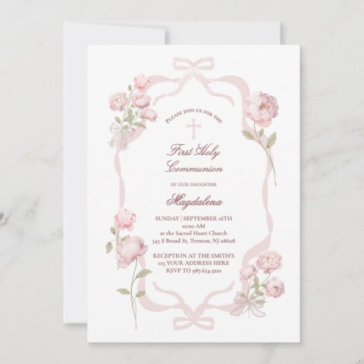 pink peonies First Holy Communion girl 招待状 (正面)