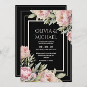 Pink Peonies Floral Black Elegant Wedding 招待状 (正面/裏面)