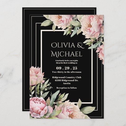 Pink Peonies Floral Black Elegant Wedding 招待状 (正面/裏面)