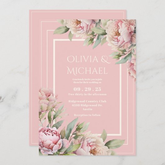 Pink Peonies Floral Elegant Wedding 招待状 (正面/裏面)