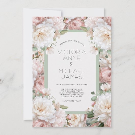 Pink Peonies Floral Wedding Invitation 招待状 (正面)