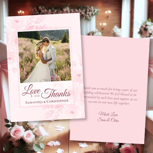 Pink Peonies Love & Thanks Photo & Note Wedding サンキューカード