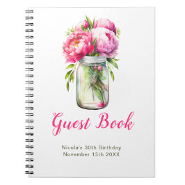 Pink Peonies Mason Jar Birthday Party Guest Book ノートブック