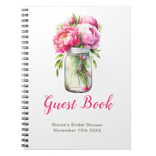 Pink Peonies Mason Jar Bridal Shower Guest Book ノートブック (正面)