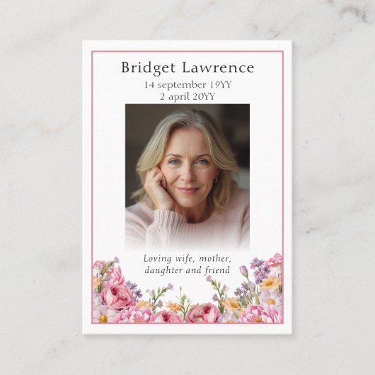 Pink Peonies Memorial Photo Psalm 23 Prayer Card 名刺 (正面)