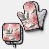 Pink Peonies Watercolor Floral Botanical Painted 鍋つかみ&鍋敷きセット (正面/裏面)