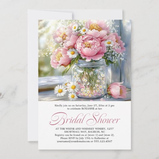 Pink Peonies White Daisies in Mason Jar 招待状 (正面)