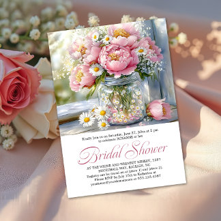 Pink Peonies White Daisies in Mason Jar 招待状