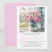 Pink Peonies White Daisies in Mason Jar 招待状 (正面/裏面)