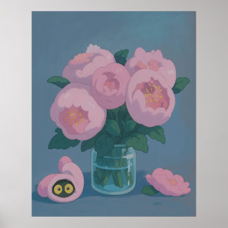 Pink Peonies with Hidden Cat Eyes ポスター