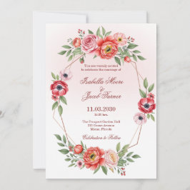 Pink Peony and Anemone Floral Geometric Wedding  招待状