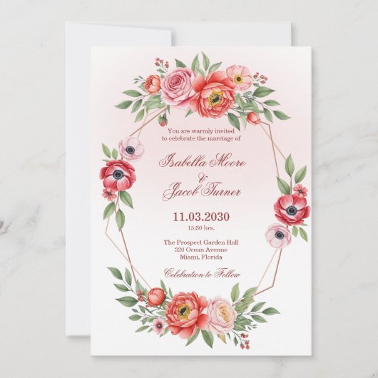Pink Peony and Anemone Floral Geometric Wedding  招待状 (正面)