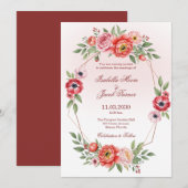 Pink Peony and Anemone Floral Geometric Wedding  招待状 (正面/裏面)