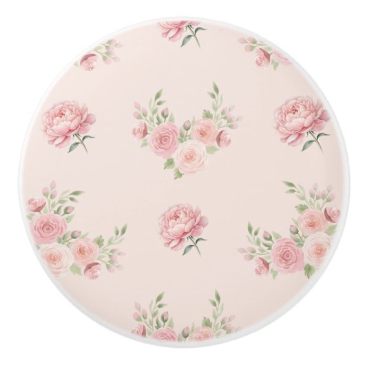Pink Peony and Rose Pattern セラミックノブ (正面)