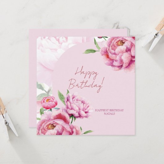 Pink Peony Birthday Folded Greeting Card カード (正面/裏面インサイチュ)