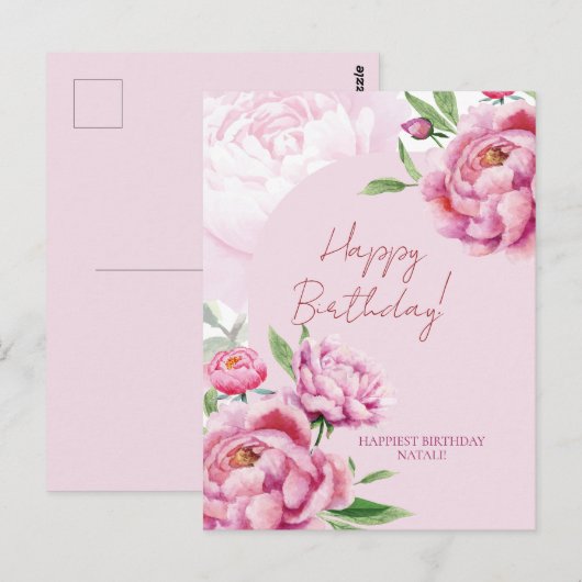 Pink Peony Birthday Folded Greeting Card ポストカード (正面/裏面)