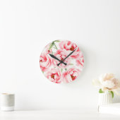 Pink Peony Blooms Watercolor Pattern ラウンド壁時計 (ホーム)