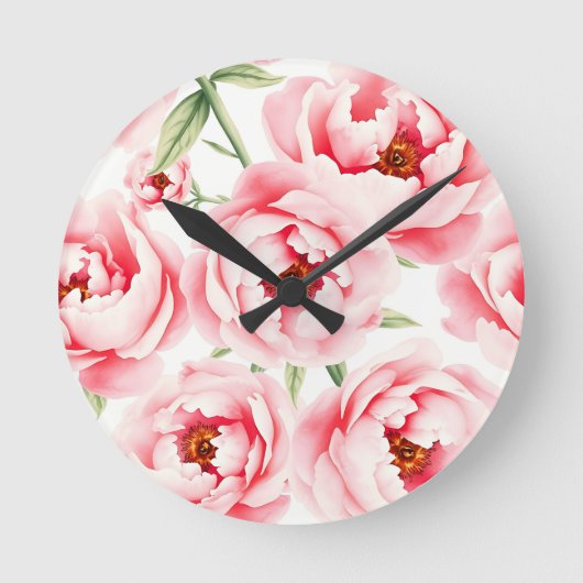 Pink Peony Blooms Watercolor Pattern ラウンド壁時計 (正面)