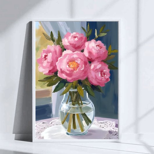Pink Peony Bouquet Watercolor Floral Painting ポスター