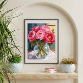 Pink Peony Bouquet Watercolor Floral Painting ポスター