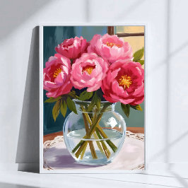 Pink Peony Bouquet Watercolor Floral Painting ポスター