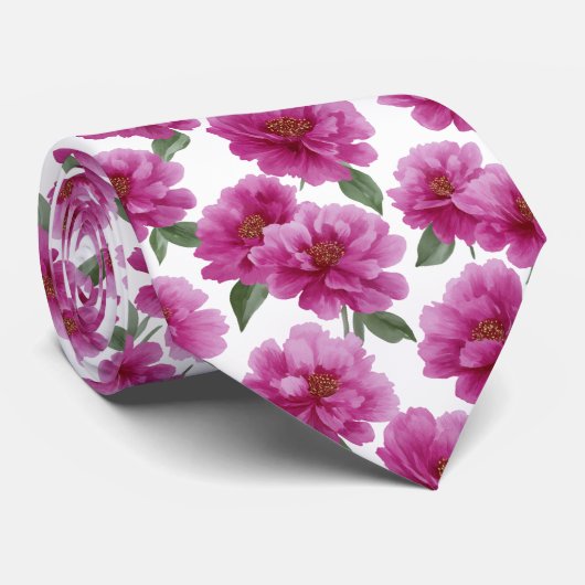 Pink Peony Floral Pattern ネクタイ (ロール)