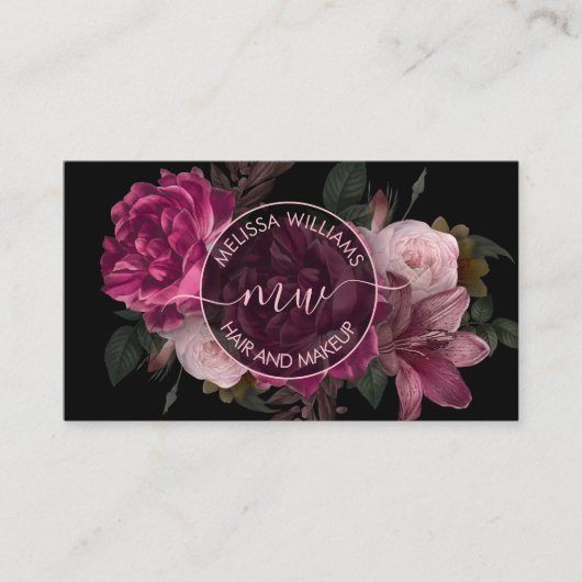 Pink Peony Flower Black Logo 名刺 (正面)