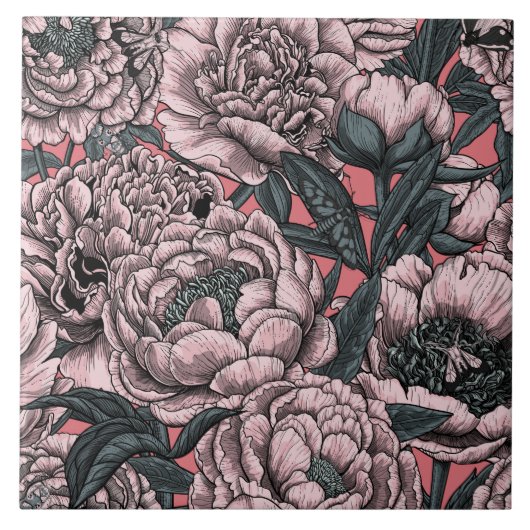 Pink peony flowers and moths タイル (正面)