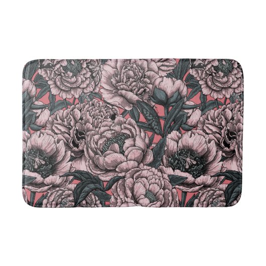 Pink peony flowers and moths バスマット (正面)