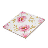 Pink Peony Flowers Golden Leaves Pattern タイル (側面)