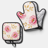 Pink Peony Flowers Golden Leaves Pattern 鍋つかみ&鍋敷きセット (正面/裏面)