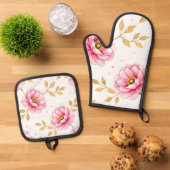 Pink Peony Flowers Golden Leaves Pattern 鍋つかみ&鍋敷きセット (トップダウン)