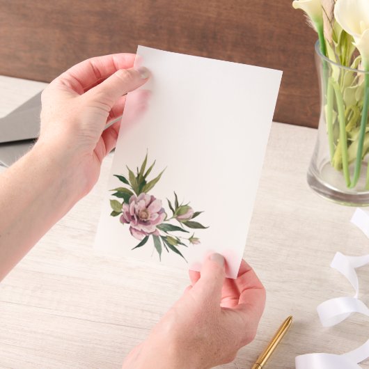 Pink Peony Green Leaves Overlay ベラム紙招待状 (ポータブル)