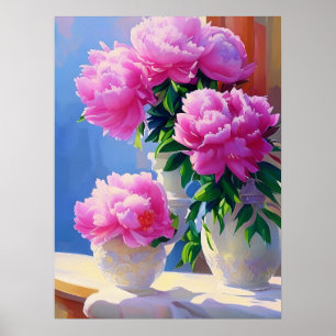 Pink Peony Painting, Peonies Flower Wall Art ポスター
