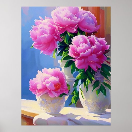 Pink Peony Painting, Peonies Flower Wall Art ポスター (正面)