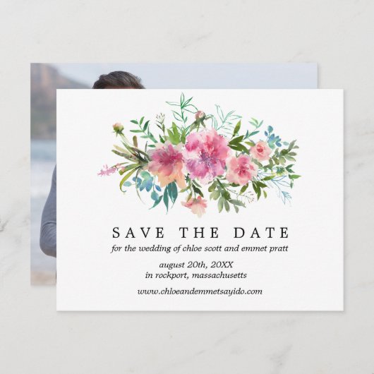 Pink Peony Save the Date Card with Photo Back セーブザデート (正面/裏面)