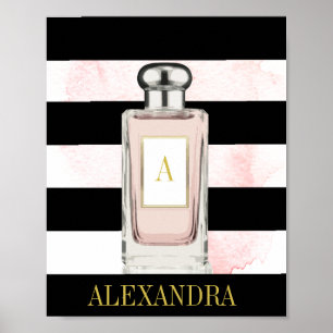 Pink Perfume Bottle Black Stripe Chic Monogram ポスター