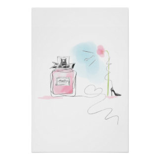 Pink Perfume & Flower Watercolor Fashion Art ポスター