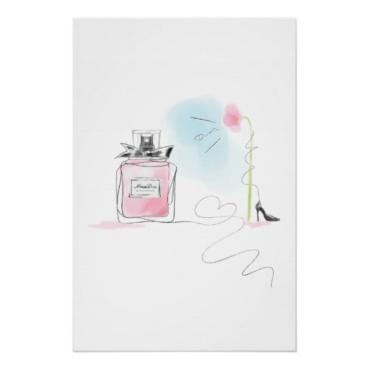 Pink Perfume & Flower Watercolor Fashion Art ポスター (正面)