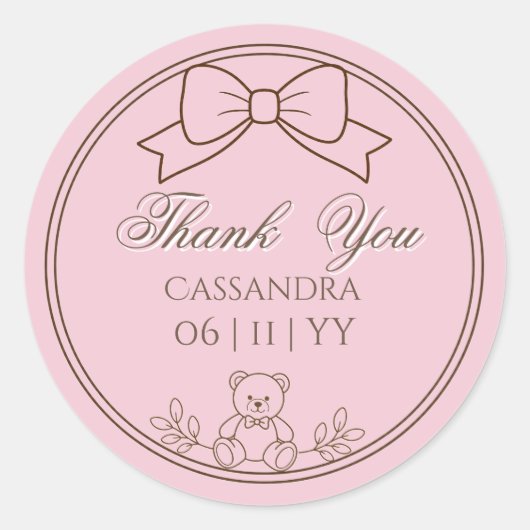 Pink Personalized Teddy Bear Bow ラウンドシール (正面)