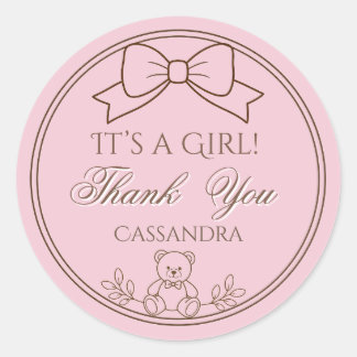 Pink Personalized Teddy Bear Bow It’s a girl ラウンドシール