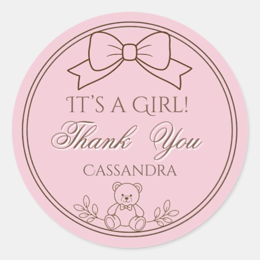 Pink Personalized Teddy Bear Bow It’s a girl ラウンドシール (正面)