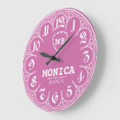 Pink Personalized with White LeatherMonogram Femin ラージ壁時計 (傾斜)