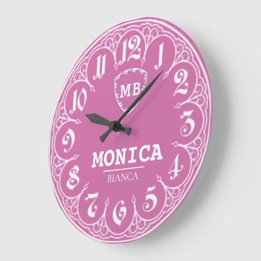 Pink Personalized with White LeatherMonogram Femin ラージ壁時計 (傾斜)