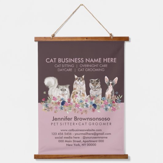 Pink Pet Cat Sitting Office Veterinary Service 吊り下げ型タペストリー (正面)